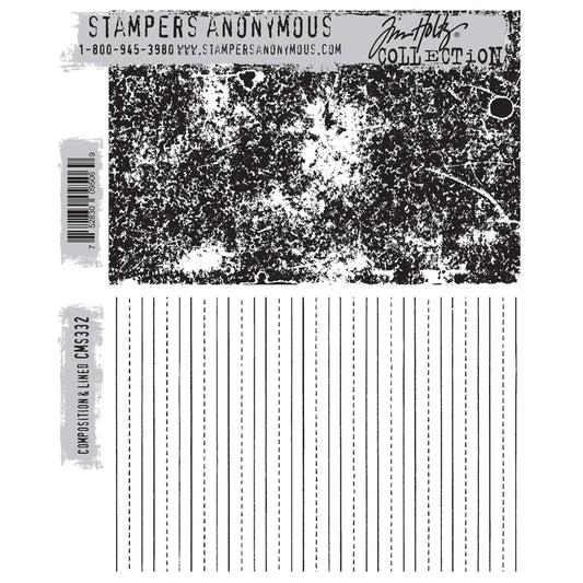 Composition and Lined, cms332 - Tim Holtz Stamp Set by Stampers Anonymous. Deeply etched designs made of red rubber mounted on grey cling foam. Both are 15cm x 10cm (6" x 4") in size. Ideal for papercrafts, journaling, junk journals, bookmaking, note paper making, scrapbooking and other stationery or craft papercraft projects.
