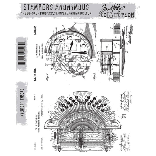 Inventor (set 1) - Typewriter and Clock ... by Tim Holtz and Stampers Anonymous (cms340). Blueprint style designs featuring the top view of a vintage typewriter and analogue clock. Set includes 2 (two) designs for creating journal pages, scrapbooking, art, cards, tags, mixed media, visual arts and papercrafts. Tim's Inventor series of stamps features detailed illustrations with notations, figures, captions and various viewpoints including the inner workings of the cogs and wires.