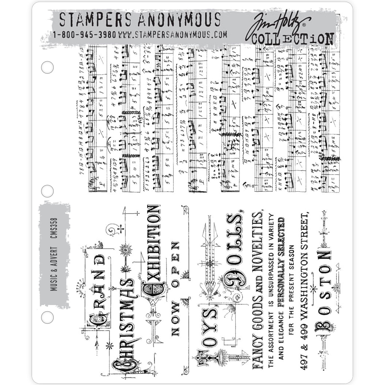 Music and Advert ... 2 (two) rubber stamps by Tim Holtz and Stampers Anonymous (CMS358) to use in papercrafts, journaling, mixed media, junk journals and visual arts. A wonderful pair beautiful versatile background stamps. One features a festive poster for a toy exhibition in Boston, designed with wonderful illuminated and typographical lettering. The other stamp is a wonderfully vintage background of sheet music.