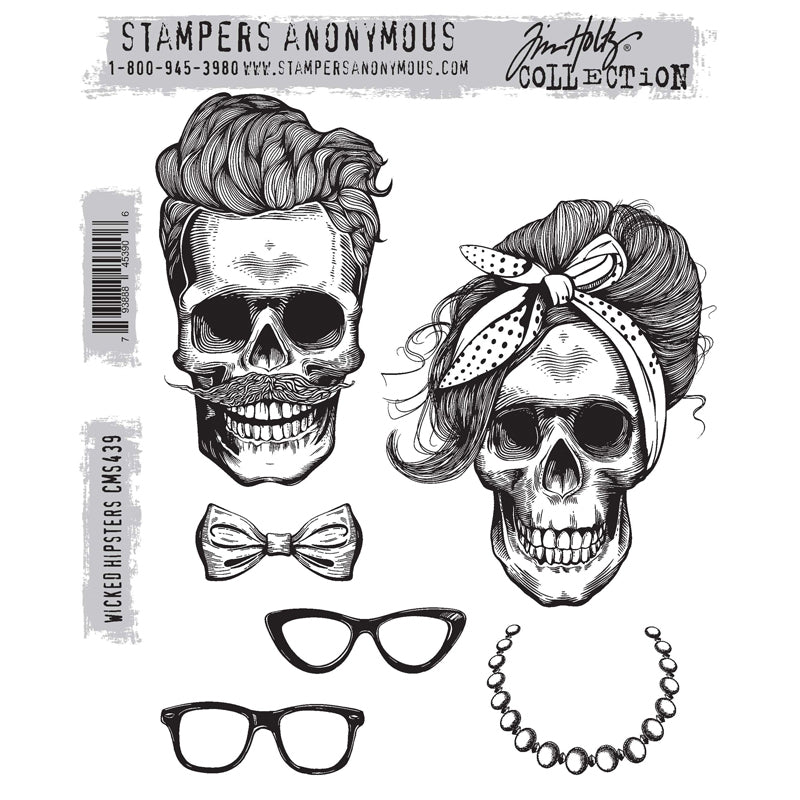 Wicked Hipsters ... rubber stamps by Tim Holtz and Stampers Anonymous. Set of 6 (six) retro designs (CMS439).&nbsp;  This set includes 2 (two) trendy looking skulls with big happy grins, keeping up with fashion and the times while wearing their joy! The male sports a well maintained hair style with neatly grown mo while the female wears her hair up in a do with tied scarf to keep it stylish.  Sizes (approx) :&nbsp;Male&nbsp;is 2 3/7" x 4 1/4" high, female is 3 1/4" x 4 1/4" high.