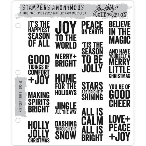 Mini Bold Tidings - by Tim Holtz and Stampers Anonymous (cms440) - 17 (seventeen) rubber stamps. Enjoy creating cards, pages, dimensional masterpieces, whatever you wish using this wonderful set of Christmas stamps. This set includes sayings and phrases, often used during the Christmas festive season... at half the size of the original Bold Tidings (sold separately), these are the perfect size for cards, tags, journal pockets and ATCs.
