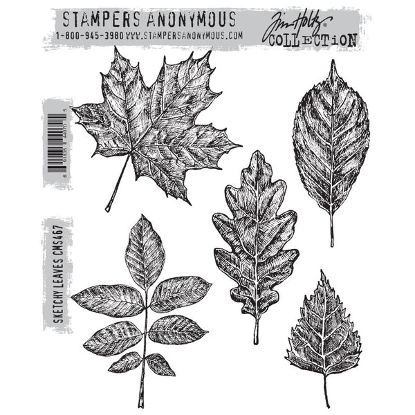 Sketchy Leaves ... rubber stamp set by Tim Holtz and Stampers Anonymous - beautifully illustrated leaf imprints. 5 (five) stamps, one of each design (CMS467).   These beautiful leaves are illustrated in an etching style with finely drawn textured lines creating the depth and details of each leaf. These stamps are wonderful to use for every day, using in art journaling, cardmaking, junk journals, scrapbooking, craft holidays and other arty moments.   Stamp sizes : Maple leaf is 3 5/8" x 3 1/2".