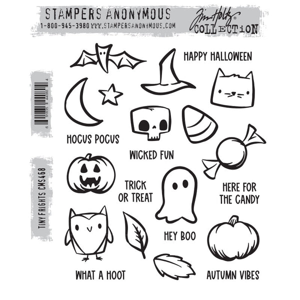 Tiny Frights ... rubber stamp set by Tim Holtz and Stampers Anonymous - Fun illustrations of an owl, ghost, bat, moon, cat, leaves, sayings and more. 23 (twenty three) stamps. One of each design (CMS468).  Simple drawings are quick to colour, easy to cut out and fun additions to cards, pages and display makes.  A fantastic set of versatile designs! These stamps are wonderful to use in art journaling, cardmaking, junk journals, scrapbooking, craft holidays (also called retreats) and other arty moments. 