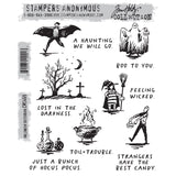 Halloween Sketchbook ... rubber stamp set by Tim Holtz and Stampers Anonymous - A haunting we will go with these scenes of spooky fun and wicked sayings. 14 (fourteen) stamps, one of each design (CMS469).  Boo to you! A haunting we will go into the world of Tim Holtz Halloween with this set of fantastic scenes drawn with loose sketchy lines of people having fun dressing up, a grave scene, cooking cauldron and trio of potions.  Plus 7 quotes.