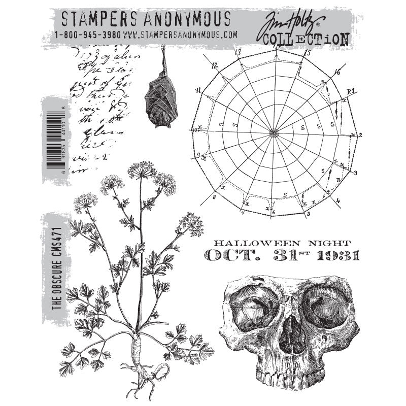 The Obscure ... rubber stamp set by Tim Holtz and Stampers Anonymous - the creepy feeling when you think something scary may happen. 6 (six) stamps, a hanging bat, inky script, web making chart, label, part of a skull and plant. One of each design (CMS471). These stamps are wonderful to use in art journaling, cardmaking, junk journals, scrapbooking, craft holidays (also called retreats) and other arty moments.