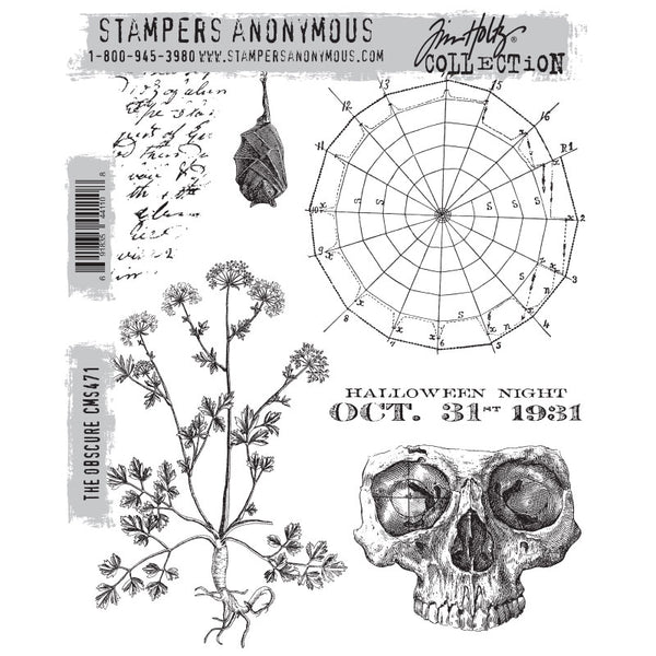 The Obscure ... rubber stamp set by Tim Holtz and Stampers Anonymous - the creepy feeling when you think something scary may happen. 6 (six) stamps, a hanging bat, inky script, web making chart, label, part of a skull and plant. One of each design (CMS471). These stamps are wonderful to use in art journaling, cardmaking, junk journals, scrapbooking, craft holidays (also called retreats) and other arty moments.