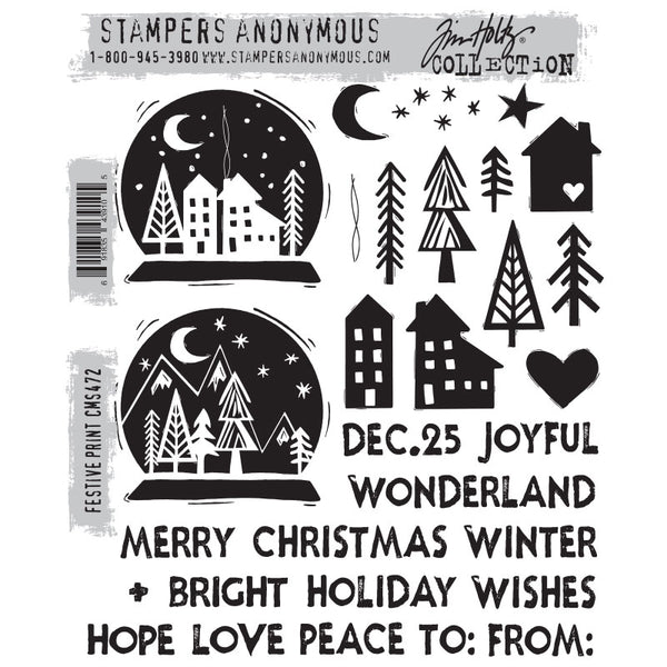 Festive Print ... by Tim Holtz and Stampers Anonymous (cms472). 30 (thirty) Christmas inspired red rubber stamps for celebrating and creating cards, tags, mixed media, journaling, visual arts and papercrafts.   Tim Holtz Stamps 'Festive Print' includes a wonderful set of seasonal images of pine trees, houses, hearts, crescent moon, sparkly stars, two snowglobes scenes and a host of words, messages, phrases, thoughts of peace, love and hope (in an uppercase organic style of typeface).