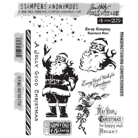 Jolly Holiday ... by Tim Holtz and Stampers Anonymous (cms474). 12 (twelve) Christmas inspired red rubber stamps for celebrating and creating cards, tags, mixed media, journaling, visual arts and papercrafts.   Tim Holtz Stamps 'Jolly Holiday' includes wonderful labels and messages in beautiful lettering, a long stripy stick (of candy), cheerful Father Christmas standing and waving, laughing Santa Claus portrait, beautiful sprig of holly and berries (with a bow) and starry sparkly stars. 