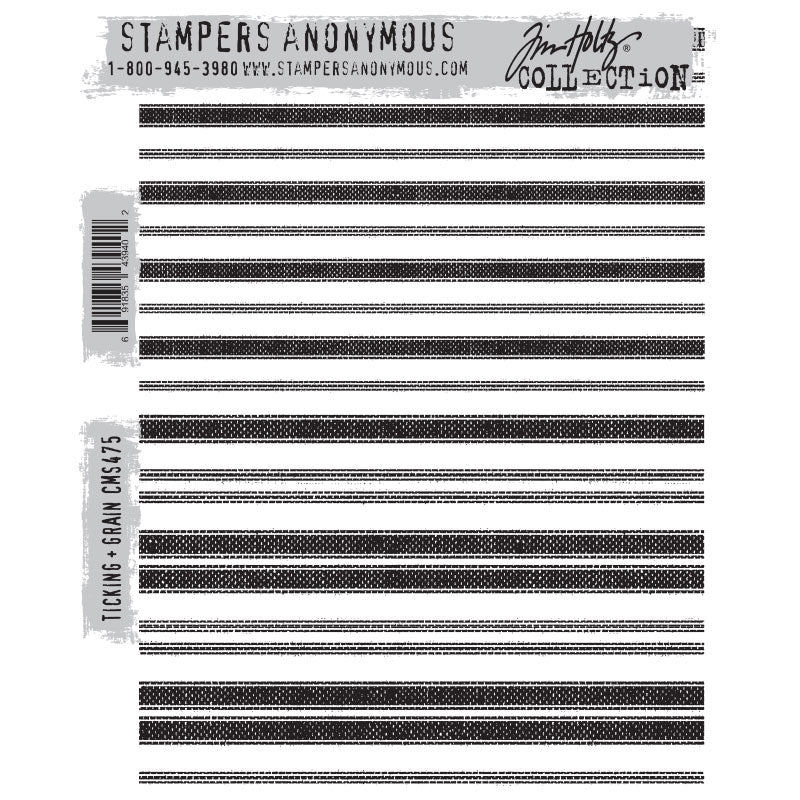 Ticking and Grain ... by Tim Holtz and Stampers Anonymous (cms475). 2 (two) background sized versatile red rubber stamps for mixed media, journaling, visual arts and papercrafts.   This pair of Tim Holtz stamps features two different designs that compliment each other beautifully. Both stamps have stripes made to look like vintage material (ticking, a heavyweight c