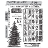 Winter Woodlands ... by Tim Holtz and Stampers Anonymous (cms476). 9 (nine) Christmas inspired red rubber stamps for celebrating and creating cards, tags, mixed media, journaling, visual arts and papercrafts.   Tim Holtz Stamps 'Winter Woodlands' includes a beautiful tall pine tree, labels and tags, vintage signage for trees and timber (lumber) plus a wonderful chart with tree specifications, labels and etchings for 6 species of pine tree. 