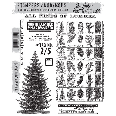 Winter Woodlands ... by Tim Holtz and Stampers Anonymous (cms476). 9 (nine) Christmas inspired red rubber stamps for celebrating and creating cards, tags, mixed media, journaling, visual arts and papercrafts.   Tim Holtz Stamps 'Winter Woodlands' includes a beautiful tall pine tree, labels and tags, vintage signage for trees and timber (lumber) plus a wonderful chart with tree specifications, labels and etchings for 6 species of pine tree. 