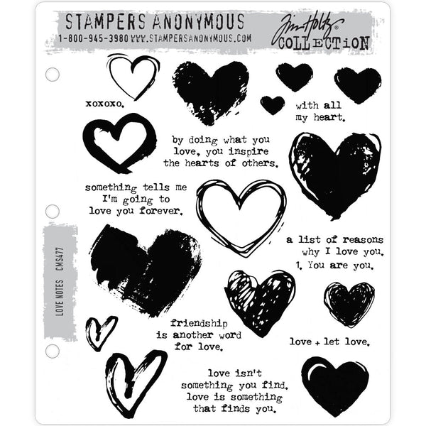 Love Notes ... by Tim Holtz and Stampers Anonymous (cms477). Wonderful messages and heart illustrations for love, kindness, birthdays, every day. Set includes 8 (eight) phrases and 14 (fourteen) hearts for creating art, cards, tags, mixed media, journaling, visual arts and papercrafts.   Tim Holtz Stamps 'Love Notes' includes a wonderful set of hand drawn love hearts in a variety of styles and sizes with a host of words, messages and thoughts of love and kindness (in a lowercase typewriter style of font).