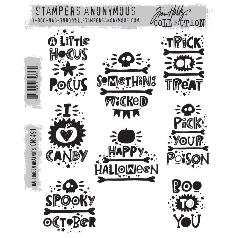 Halloween Whatnots ... by Tim Holtz and Stampers Anonymous (cms491). Sayings for the happy season in decorative lettering with icons. Set includes 8 (eight) designs for creating fun greeting cards, journal pages, scrapbooking, art, postcards, tags, mixed media, visual arts and papercrafts. This set of Tim stamps features Halloween sayings in a fun decorative typography style with icons and fabulous lettering with sparkles, spatters, dots, hearts and short lines resembling flashy bling.