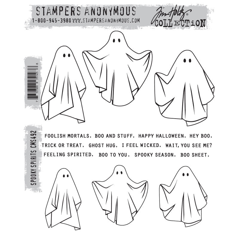 Spooky Spirits ... by Tim Holtz and Stampers Anonymous (cms492). Dancing ghosts and wickedly wonderful sayings. Set includes 18 (eighteen) designs featuring 6 ghosts posing for photos with arms either up, pointing or down, plus a host of sayings, all ideal for creating fun greeting cards, art journal pages, scrapbooking, art, postcards, tags, mixed media, visual arts and papercrafts.