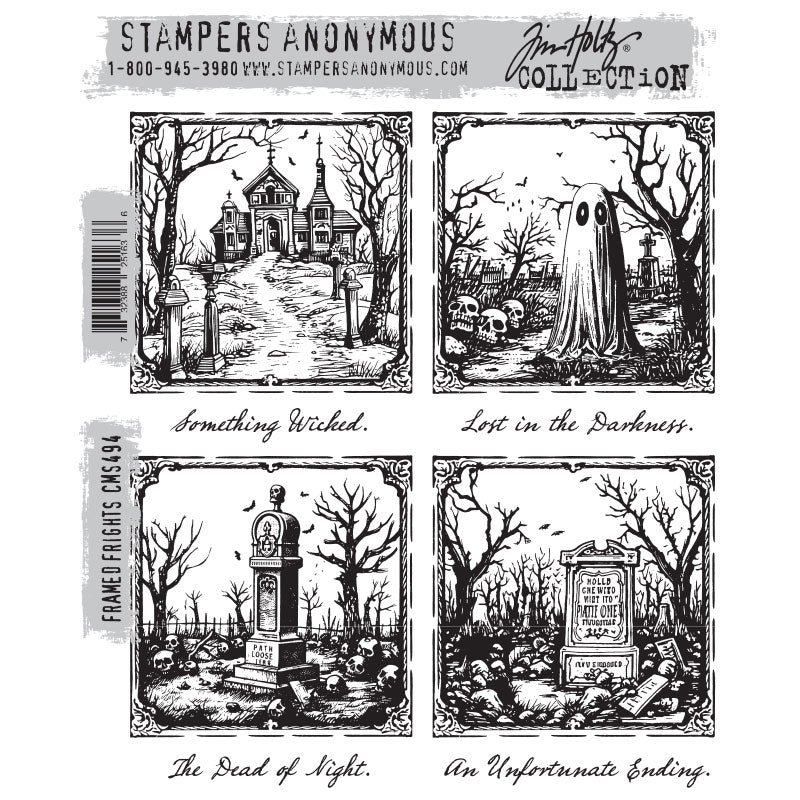 Framed Frights ... by Tim Holtz and Stampers Anonymous (cms494). Framed scenes with sayings in a gorgeous script. Set includes 8 (eight) designs for creating fun greeting cards, journal pages, scrapbooking, art, postcards, tags, mixed media, visual arts and papercrafts. This set of Tim stamps features four framed scenes and four labels or titles in a gorgeous script, cursive typeface. Sizes (approx) : each scene is 75mm x 75mm square.
