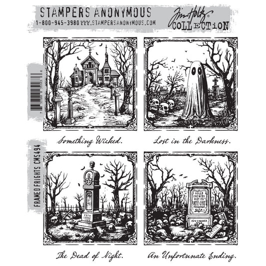 Framed Frights ... by Tim Holtz and Stampers Anonymous (cms494). Framed scenes with sayings in a gorgeous script. Set includes 8 (eight) designs for creating fun greeting cards, journal pages, scrapbooking, art, postcards, tags, mixed media, visual arts and papercrafts. This set of Tim stamps features four framed scenes and four labels or titles in a gorgeous script, cursive typeface. Sizes (approx) : each scene is 75mm x 75mm square.