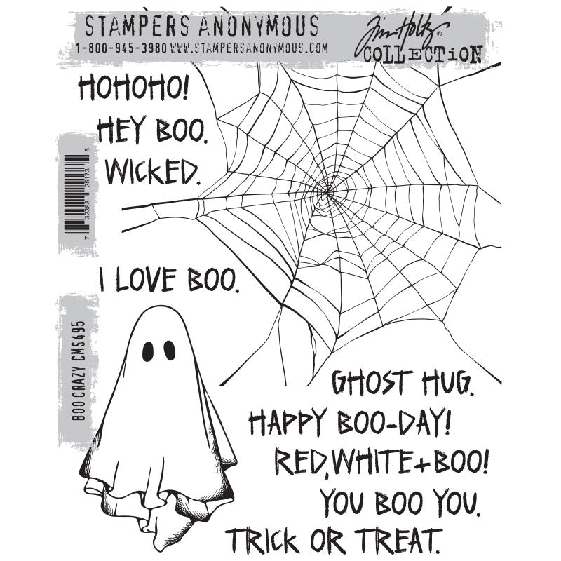 Boo Crazy ... red rubber stamp set by Tim Holtz and Stampers Anonymous (cms495). Spider web, Ghost and spooky sayings. Designs for creating junk journals, accordion booklets, ATCs and cards, journal pages, scrapbooking, art, postcards, tags, mixed media and other crafty papercrafts. 12 (twelve) designs. Set includes a friendly floating ghost, an extra smaller ghost, a large well crafted web (ready for your own bugs, spiders, flies, words) and 9 seasonal sayings.