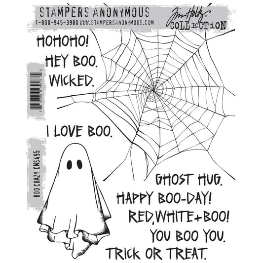 Boo Crazy ... red rubber stamp set by Tim Holtz and Stampers Anonymous (cms495). Spider web, Ghost and spooky sayings. Designs for creating junk journals, accordion booklets, ATCs and cards, journal pages, scrapbooking, art, postcards, tags, mixed media and other crafty papercrafts. 12 (twelve) designs. Set includes a friendly floating ghost, an extra smaller ghost, a large well crafted web (ready for your own bugs, spiders, flies, words) and 9 seasonal sayings.