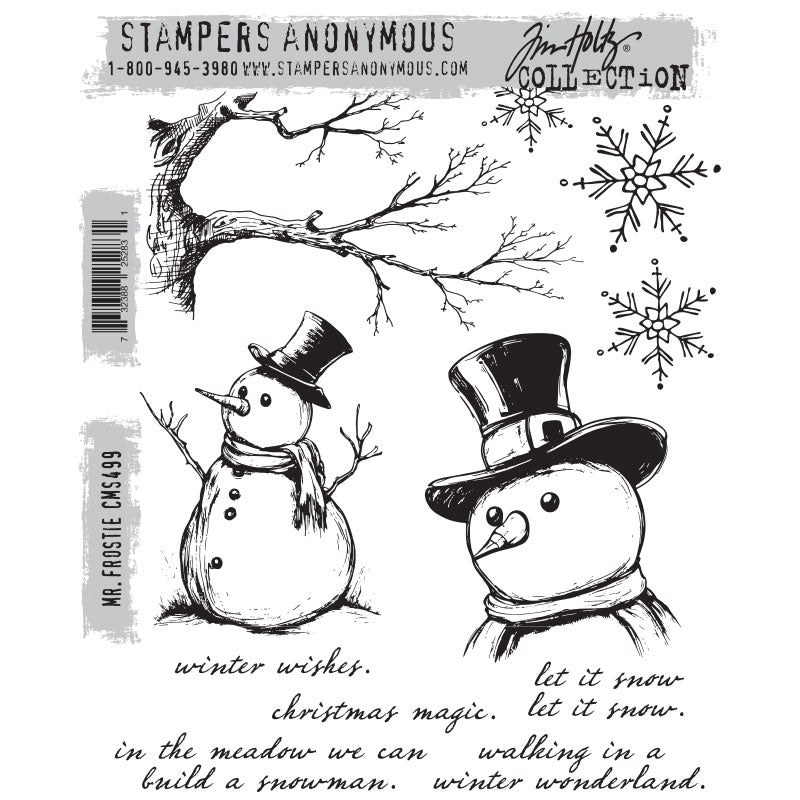 Mr Frostie ... by Tim Holtz and Stampers Anonymous (cms499).&nbsp;Set includes 11 (eleven) designs for creating fun greeting cards, journal pages, scrapbooking, art, postcards, tags, mixed media, visual arts and papercrafts.

This set of Tim stamps features a friendly snowman with top hat and scarf (carrot nose, sticky arms) in a closeup portrait and posing with arms up (waving! lol). With Mr Frostie is a segment of a tree with leafless branches, 3 snowflakes and messages in beautiful writing.