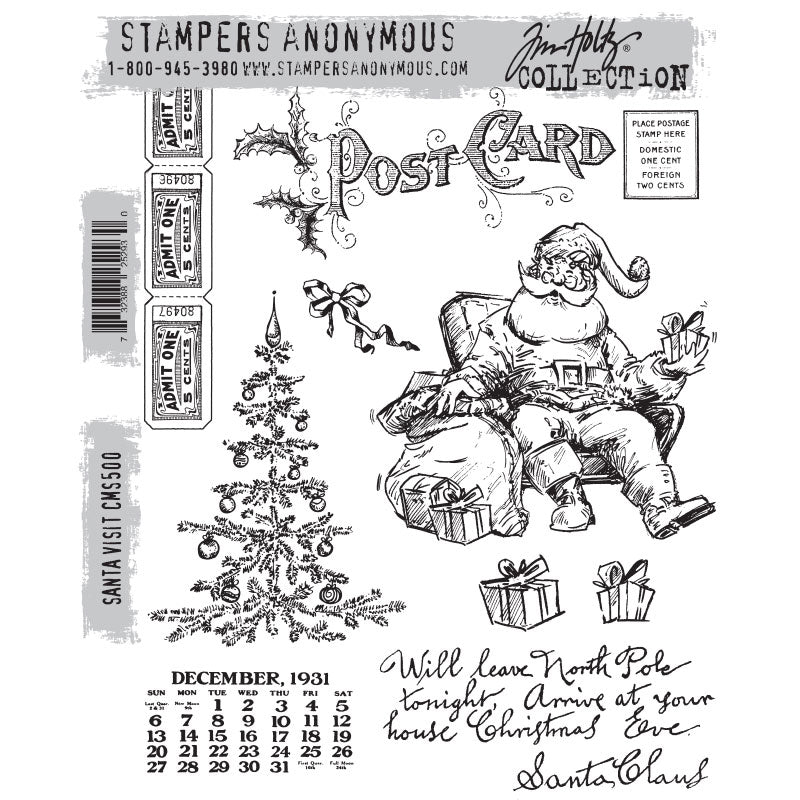 Santa Visit ... by Tim Holtz and Stampers Anonymous (cms500). Father Christmas relaxing in an old armchair. Set includes 10 (ten) designs for creating fun greeting cards, journal pages, scrapbooking, art, postcards, tags, mixed media, visual arts and papercrafts. This set of Tim stamps features beautiful illustrations of Father Christmas, looking like he's made himself at home!