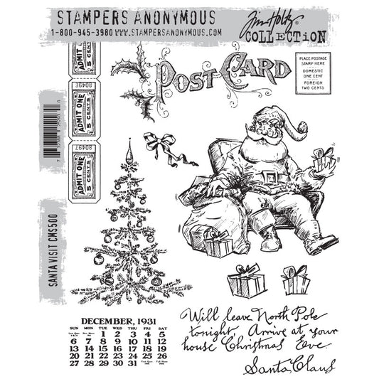 Santa Visit ... by Tim Holtz and Stampers Anonymous (cms500). Father Christmas relaxing in an old armchair. Set includes 10 (ten) designs for creating fun greeting cards, journal pages, scrapbooking, art, postcards, tags, mixed media, visual arts and papercrafts. This set of Tim stamps features beautiful illustrations of Father Christmas, looking like he's made himself at home!