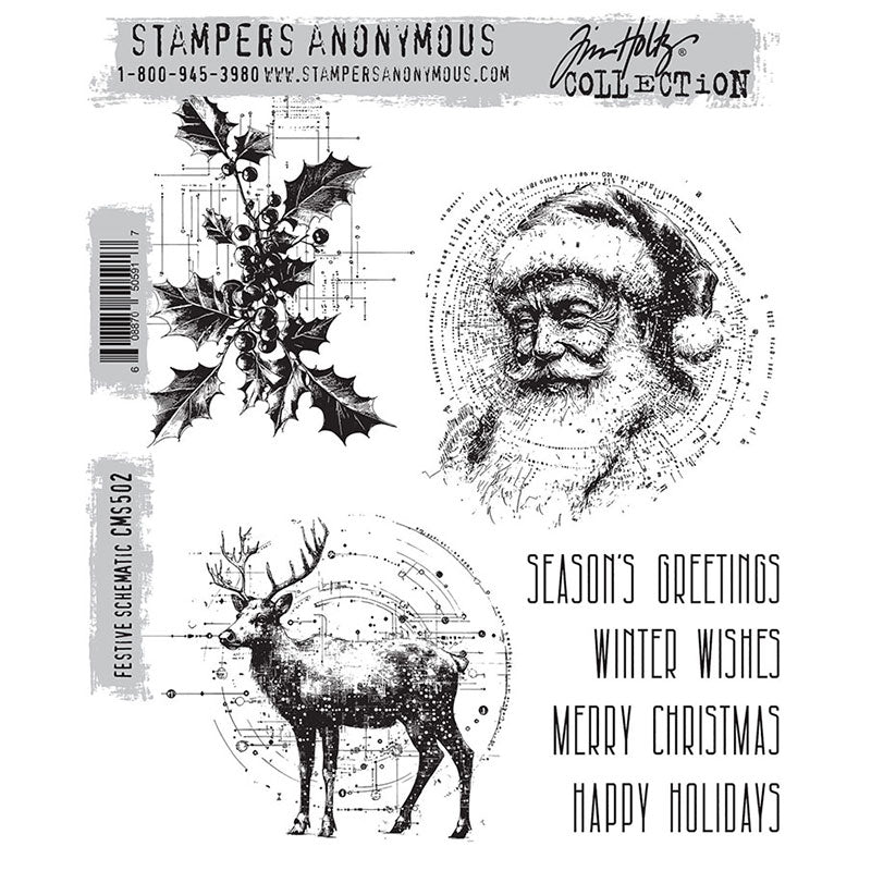 Festive Schematic ... red rubber stamp set by Tim Holtz and Stampers Anonymous (CMS502). Stunning illustrations of a Father Christmas portrait, holly branch and reindeer (stag, deer) plus greetings for making cards, junk journals, accordion booklets, ATCs and cards, journal pages, scrapbooking, art, postcards, tags, mixed media and other crafty papercrafts. 3 designs have a magical array of dots and dashes (starry almost) to your creations this Christmas!