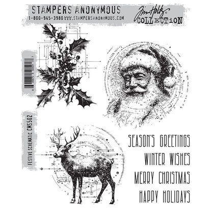 Festive Schematic ... red rubber stamp set by Tim Holtz and Stampers Anonymous (CMS502). Stunning illustrations of a Father Christmas portrait, holly branch and reindeer (stag, deer) plus greetings for making cards, junk journals, accordion booklets, ATCs and cards, journal pages, scrapbooking, art, postcards, tags, mixed media and other crafty papercrafts. 3 designs have a magical array of dots and dashes (starry almost) to your creations this Christmas!