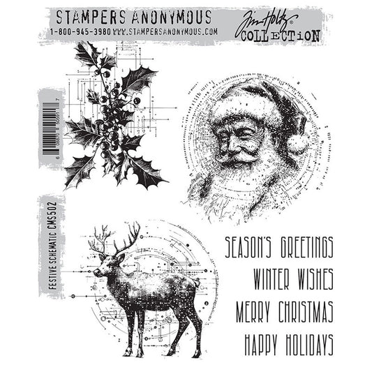Festive Schematic ... red rubber stamp set by Tim Holtz and Stampers Anonymous (CMS502). Stunning illustrations of a Father Christmas portrait, holly branch and reindeer (stag, deer) plus greetings for making cards, junk journals, accordion booklets, ATCs and cards, journal pages, scrapbooking, art, postcards, tags, mixed media and other crafty papercrafts. 3 designs have a magical array of dots and dashes (starry almost) to your creations this Christmas!