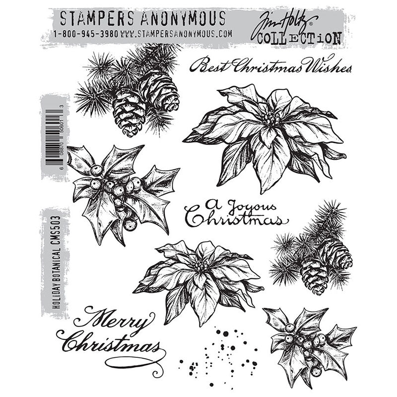 Holiday Botanical... red rubber stamp set by Tim Holtz and Stampers Anonymous (CMS503). Wonderful illustrations of poinsettia, holly, pine cones and splatters plus greetings for making cards, junk journals, accordion booklets, ATCs and cards, journal pages, scrapbooking, art, postcards, tags, mixed media and other crafty papercrafts. 11 (eleven) designs.