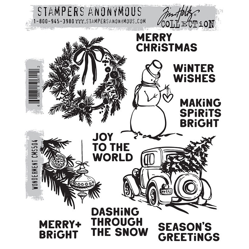 Wonderment ... red rubber stamp set by Tim Holtz and Stampers Anonymous (CMS504). Wonderful illustrations, sayings and greetings for making cards, junk journals, accordion booklets, ATCs and cards, journal pages, scrapbooking, art, postcards, tags, mixed media and other crafty papercrafts. 11 (eleven) designs. Images of snowman, vintage car, wreath, decorations and 7 greetings.