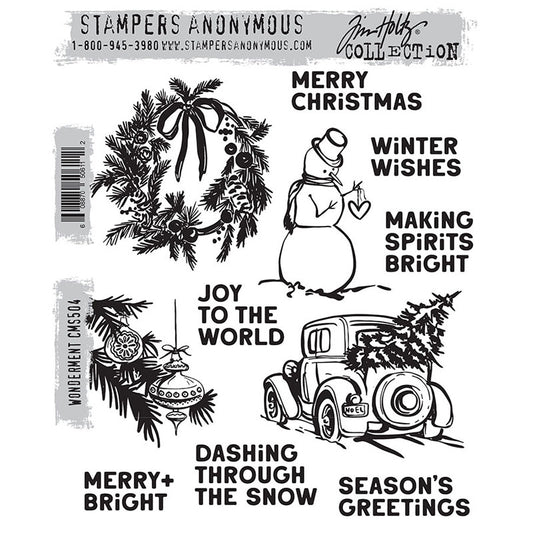 Wonderment ... red rubber stamp set by Tim Holtz and Stampers Anonymous (CMS504). Wonderful illustrations, sayings and greetings for making cards, junk journals, accordion booklets, ATCs and cards, journal pages, scrapbooking, art, postcards, tags, mixed media and other crafty papercrafts. 11 (eleven) designs. Images of snowman, vintage car, wreath, decorations and 7 greetings.