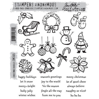Christmas Doodles ... red rubber stamp set by Tim Holtz and Stampers Anonymous (CMS505). Wonderful illustrations, sayings and greetings for making cards, junk journals, accordion booklets, ATCs and cards, journal pages, scrapbooking, art, postcards, tags, mixed media and other crafty papercrafts. 12 (twelve) drawings, 15 (fifteen) sayings. This set includes holly, a sleigh, wreath with bow, pair of mittens, snowman, Santa, hanging bauble, gingerbread man and more.