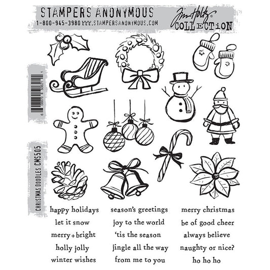 Christmas Doodles ... red rubber stamp set by Tim Holtz and Stampers Anonymous (CMS505). Wonderful illustrations, sayings and greetings for making cards, junk journals, accordion booklets, ATCs and cards, journal pages, scrapbooking, art, postcards, tags, mixed media and other crafty papercrafts. 12 (twelve) drawings, 15 (fifteen) sayings. This set includes holly, a sleigh, wreath with bow, pair of mittens, snowman, Santa, hanging bauble, gingerbread man and more.