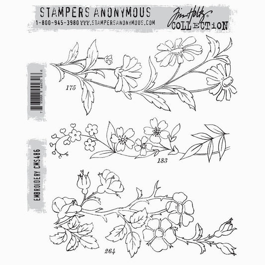 Embroidery ... by Tim Holtz and Stampers Anonymous (cms486). Delicate trio of flowers and foliage. Set includes 3 (three) designs for creating journal pages, scrapbooking, art, cards, tags, mixed media, sewing, visual arts and papercrafts.&nbsp;  This wonderful collection has three beautifully illustrated floral designs, each with flowers, buds, leaves, twigs, one with thorns. Each hand-drawn with fine lines and lovely detailed features. Ideal for stamping and colouring with inks, paints, pencil, threads.