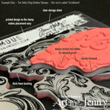 Photograph by Jenny James featuring a closeup image of Tim Holtz Stampers Anonymous cling rubber stamps, showing the 'scrollwork' set as an example.