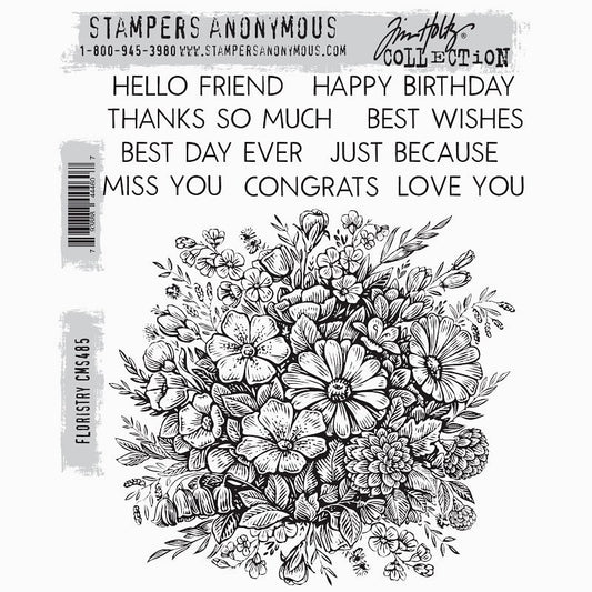 Floristry ... by Tim Holtz and Stampers Anonymous (cms485). Stunning floral bouquet viewed from above, large stamp block and thoughtful words. Set includes 10 (ten) large designs for creating journal pages, scrapbooking, art, cards, tags, mixed media, sewing, visual arts and papercrafts.&nbsp;  This wonderful set from Tim includes a large round posie of stunning flowers and foliage, as viewed from above with gerberas or daisies in the centre. With this bouquet are nine sets of words