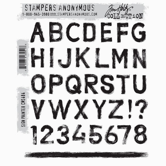 Sign Painter ... by Tim Holtz and Stampers Anonymous (cms484). Alphabet, numbers, punctuation. Set includes 37 (thirty seven) designs for creating journal pages, scrapbooking, art, cards, tags, mixed media, sewing, visual arts and papercrafts.&nbsp;  This wonderful alphabet and number set includes A to Z, numbers 1 to 8 (O is also 0), a question mark, an exclamation mark and a long brush stroke.