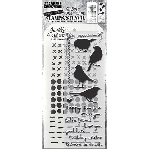 Silhouette Birds - Clear Stamps and Stencil Set ... by Tim Holtz and Stampers Anonymous. Set of 14 (fourteen) clear photopolymer stamps and 1 (one) combo stencil for using in papercrafts, mixed media, journaling, scrapbooking and other creative arty adventures (THMM182). This fun set of clear stamps with a complimenting multi-patterned stencil features 4 of Tim's adorable silhouette birds from the Sizzix Thinlits die cutting templates (also available, sold separately).
