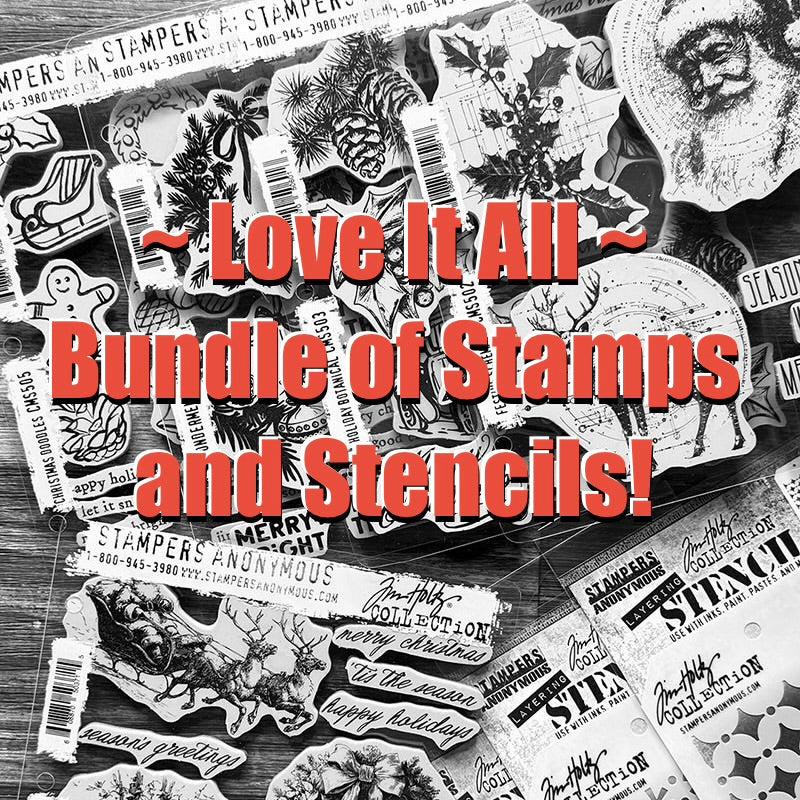 A collage of black-and-white stamp and stencil designs with large red text reading “~ Love It All ~ Bundle of Stamps and Stencils!” overlaid across the center. Visible designs include a rooster, pinecone, holly, Santa face, Christmas tree, and holiday motifs.