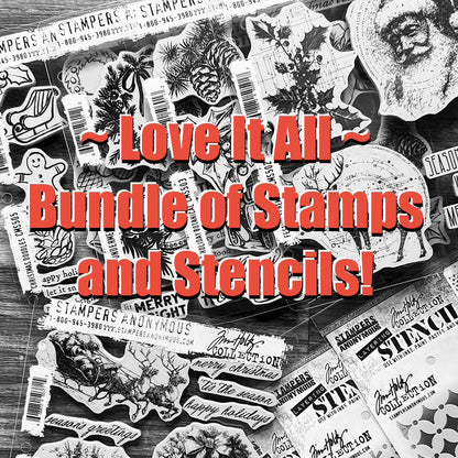 A collage of black-and-white stamp and stencil designs with large red text reading “~ Love It All ~ Bundle of Stamps and Stencils!” overlaid across the center. Visible designs include a rooster, pinecone, holly, Santa face, Christmas tree, and holiday motifs.