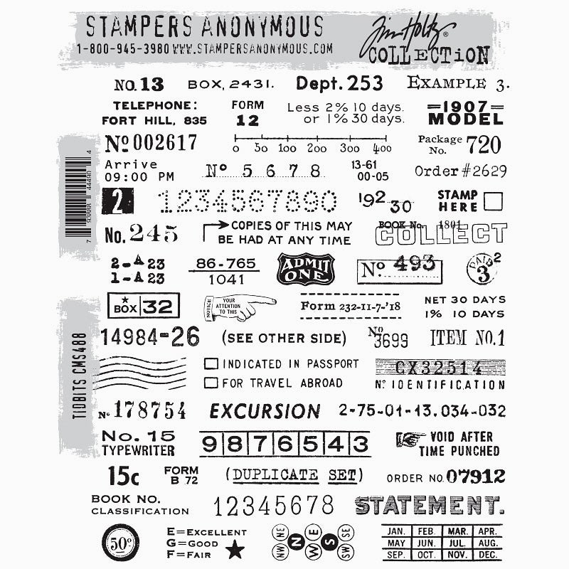 Tidbits ... by Tim Holtz and Stampers Anonymous (cms488). Large gathering of labels in a huge variety of styles.&nbsp;Set includes 55 (fifty five) designs for creating journal pages, scrapbooking, art, cards, tags, mixed media, visual arts and papercrafts.&nbsp;  This amazing collection of stamps includes labels, postage marks, words, icons and so much more.&nbsp;