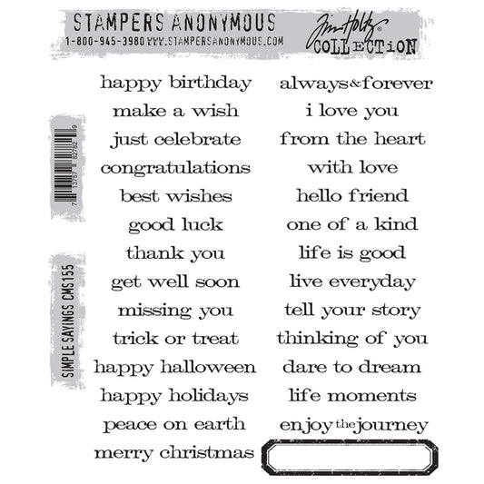 Simple Sayings ... red rubber stamp set by Tim Holtz, Stampers Anonymous. CMS155. Be prepared for every occasion with this set of 27 quotes and sayings. Included are "happy birthday", "make a wish", "just celebrate" and "congratulations" plus many more. Check out the image to read them all. Also included in this set is a name plate so you can give the saying a simple border when you add it to a card or tag.
The name plate is 8cm wide x 1.5cm deep.