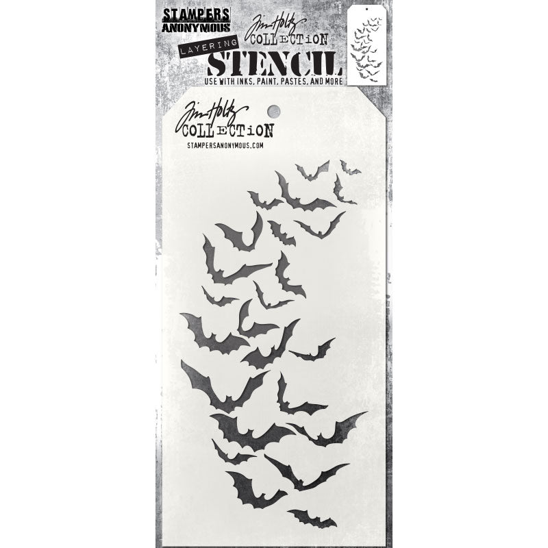 Batty - Layering Stencil by Tim Holtz and Stampers Anonymous ... mixed media and visual arts masks for adding patterns and layers using your favourite mediums. One stencil with a design featuring a flock of flying bats, perfect for moonlit nights and Halloween creativity. Overall stencil is 4" x 8 1/2". THS184. Bats are amazing animals that hang upside down as they chatter, eat and sleep, fly without sight and can be either scary or friendly - fruit bats, ghost bats, vampire bats, Batman, Dracula.