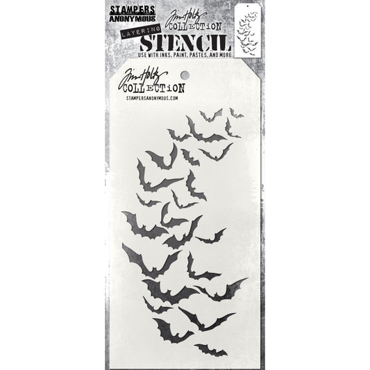 Batty - Layering Stencil by Tim Holtz and Stampers Anonymous ... mixed media and visual arts masks for adding patterns and layers using your favourite mediums. One stencil with a design featuring a flock of flying bats, perfect for moonlit nights and Halloween creativity. Overall stencil is 4" x 8 1/2". THS184. Bats are amazing animals that hang upside down as they chatter, eat and sleep, fly without sight and can be either scary or friendly - fruit bats, ghost bats, vampire bats, Batman, Dracula.