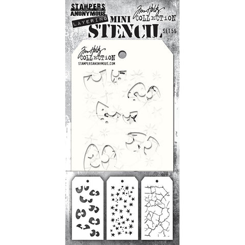 Set 56 - Mini Layering Stencils by Tim Holtz ... 3 (three) designs - Peekaboo, Fractured, Spellbound. One of each design, approx 8cm x 16cm in size and made by Stampers Anonymous (THMS056).   A fun versatile set of three small stencils (8cm x 16cm tag)... - Peekaboo, comical eyes looking in all directions. - Fractured, an organic design of cracked lines of dried clay. - Spellbound, 5-pointed stars, 8-pointed sparkles, and various sized spots drawn in an organic natural style.