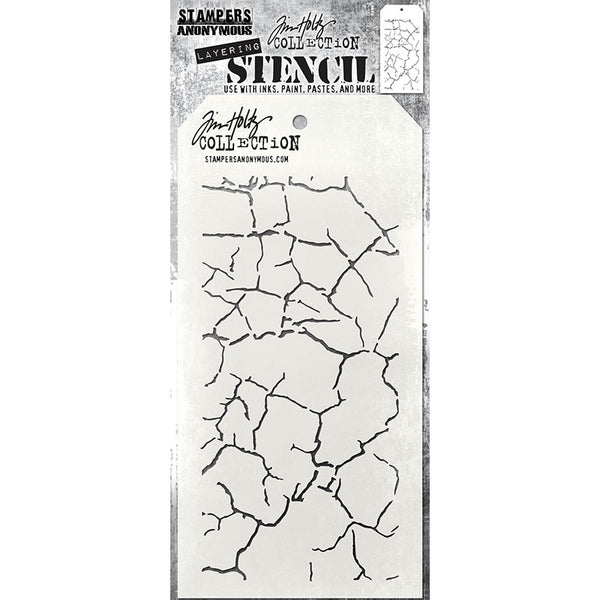 Fractured - Layering Stencil by Tim Holtz and Stampers Anonymous ... mixed media and visual arts masks for adding patterns and layers using your favourite mediums. One stencil with a design of crackled lines like dried clay. Overall stencil is 4" x 8 1/2". THS171.   This fantastic pattern looks to me like cracking clay ground when it is parched, all dried out, waiting for the next rain. This is sure to be (another) well used stencil. 