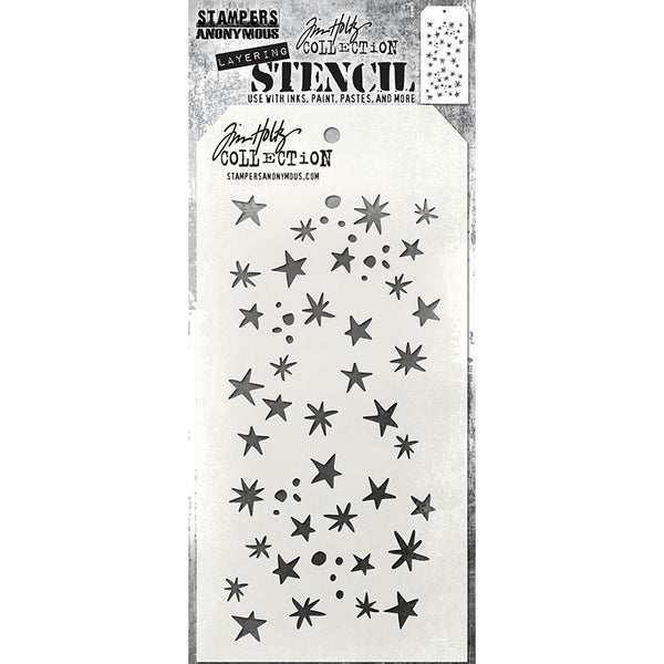 Spellbound - Layering Stencil by Tim Holtz and Stampers Anonymous ... mixed media and visual arts masks for adding patterns and layers using your favourite mediums. One stencil with a design of stars sparkles and spots. Overall stencil is 4" x 8 1/2". THS170.   This wonderful pattern features 5-pointed stars, 8-pointed sparkles, and various sized spots drawn in an organic natural style, all scattered and mingled together. Blend through the Glow Grit glow-in-the-dark texture paste for extra fun times!