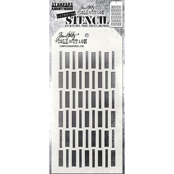 Sticks - Layering Stencil by Tim Holtz and Stampers Anonymous ... mixed media and visual arts masks for adding patterns and layers using your favourite mediums. One stencil with a design of short rectangles. Overall stencil is 4" x 8 1/2". THS172.   This fantastic Tim Holtz layering stencil has a versatile pattern of vertical lines of varying widths (rectangles, narrow and wide), in alternating rows. This is sure to be (another) well used stencil. 