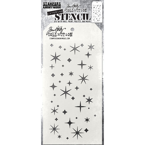 Twinkle - Layering Stencil by Tim Holtz and Stampers Anonymous ... mixed media and visual arts masks for adding patterns and layers using your favourite mediums. One stencil with a design of short rectangles. Overall stencil is 4" x 8 1/2". THS173.   This wonderful Tim Holtz layering stencil has a starry sparkly beautiful pattern over the whole area. This is sure to be (another) well used stencil. 