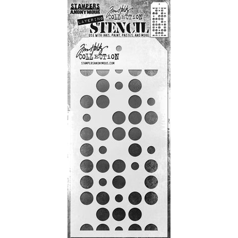 Spots - Layering Stencil by Tim Holtz and Stampers Anonymous ... mixed media and visual arts masks for adding patterns and layers to creative makes using your favourite paints and mediums. Overall stencil is 4" x 8 1/2". THS180. This versatile Tim Holtz layering stencil has holes all over the stencil area, in two different sizes, laid out in evenly spaced rows and columns. Some areas of the grid are missing a circle (spot, hole, dot) to create a more random look.